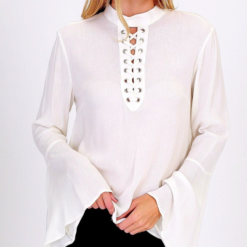 Lace Up Choker Neck Long Bell Sleeve Flowy Tunic - Picture 8 of 8